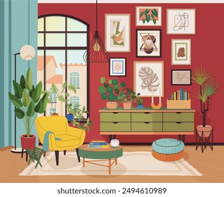 Living room interior. Interior scene in mid-century modern. Cozy furnished room. Interior design with window, red wall, furniture: armchair, pictures, plants, chest of drawers. Vector illustration.