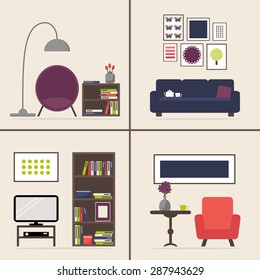 Living room interior set with four pictures. Furniture isolated elements. Sofa, armchair, bookcase, table, tv set, coffee table, lamp, pictures. Flat style vector illustration. 