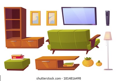 Living room interior set with green sofa, bookshelves and tv. Vector cartoon furniture collection for house, pouf, picture frames, floor lamp and rear view of couch isolated on white background