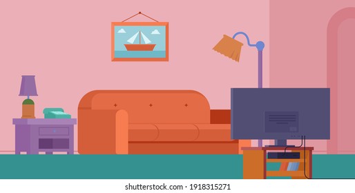 Living room interior set with sofa, bookshelves and tv.ector cartoon collection of furniture for house, carpet, floor lamp vector illustration