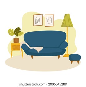 Living room interior set with sofa, tea table, floor lamp and ottoman. Vector cartoon collection of furniture isolated on white background. Flat style vector illustration.