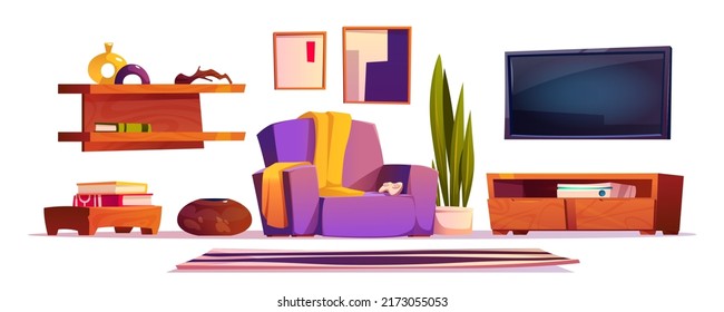 Living room interior set with sofa, tv and play console with joystick, potted plant. Vector cartoon illustration of lounge with coffee table and wooden bookshelf abstract painting isolated on white