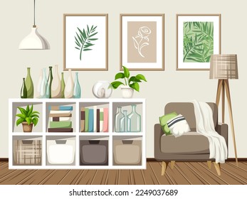 Living room interior with a shelving, an armchair, lamps, paintings, books, and decorative bottles. Beige, white, and green room interior. Cozy modern interior design. Cartoon vector illustration