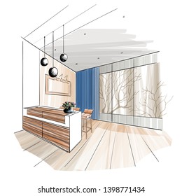 Living room interior sketch with bar table.