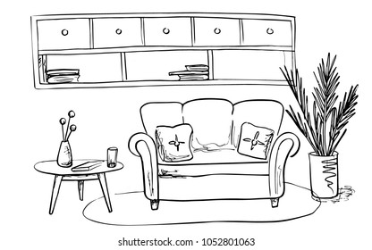Living room interior sketch:  sofa, pillows, small table, plant in a pot and a book shelf