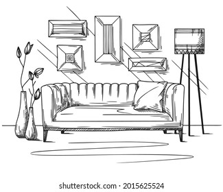 Living room interior sketch. Sofa and other furniture for the recreation area. Vector illustration.