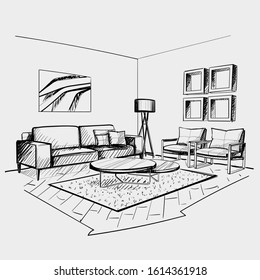 Living Room Interior In Sketch Style.