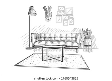 Living Room Interior Sketch.Vector Illustration.