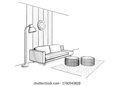 Living Room Interior Sketch.Vector Illustration.