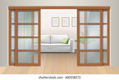 Living room interior with sliding doors. Entrance to the room from the corridor. Vector realistic illustration.