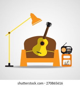  living room interior with sofa , acoustic guitar and retro radio, Flat design. Vector EPS 10