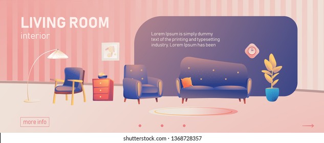 Living room interior with sofa, armchair, plant, tarsher, posters on the wall. Banner for web. Banner with text. Аpartment concept with furniture. Vector.