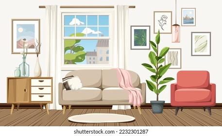 Living room interior with a sofa, an armchair, a dresser, pictures on the wall, and a big window. Retro Scandinavian interior design. Cartoon vector illustration