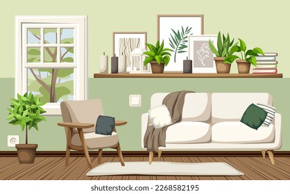 Living room interior with a sofa, an armchair, home decor, houseplants, and a green tree outside the window. Cozy modern room interior design. Cartoon vector illustration