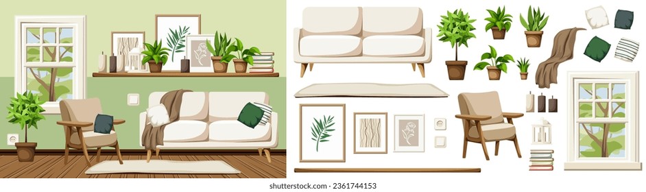 Living room interior with a sofa, an armchair, home decor, houseplants, and a green tree outside the window. Cozy modern room interior design. Furniture set. Interior constructor. Cartoon vector