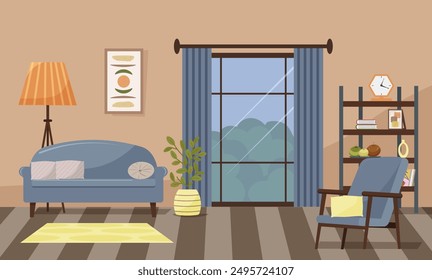 Living room interior. Room with a sofa and an armchair for relaxation. Shelf for decorative items. Clock, books, photos and candles. Decorative plants in pots. Vector illustration