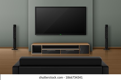 Living room interior with sofa back view and tv with dynamics. Home theater system with television on wall, empty house apartment with wooden floor. Apartment design, Realistic 3d vector visualization