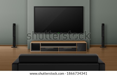 Living room interior with sofa back view and tv with dynamics. Home theater system with television on wall, empty house apartment with wooden floor. Apartment design, Realistic 3d vector visualization