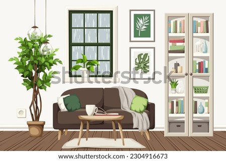 Living room interior with a sofa, a beige bookcase, a window with the rain outside, and a big ficus tree. Cozy room interior design. Cartoon vector illustration