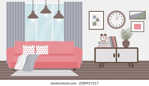 Living room interior with sofa and blankets, wall clock, house plants, window and lamp. Modern design, flat style illustration.