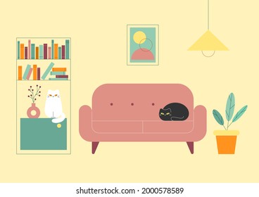 Living room interior. Sofa, bookcase, picture, black and white cats. Cozy home, interior design. Vector flat cartoon illustration.