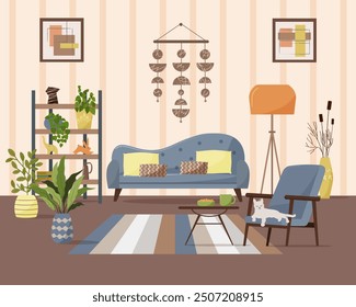 Interior de la sala de estar con un sofá y una estantería. Un sillón acogedor con un gato. Una mesa de centro con una taza y galletas. Plantas en maceta, figuras y jarrones. Una lámpara de pie naranja y una pieza decorativa en