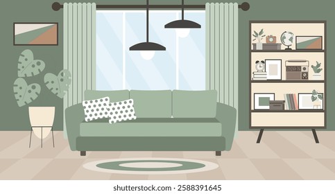 Living room interior with sofa, bookshelf, home plants, window and picture frames. Modern design, illustration in flat style.