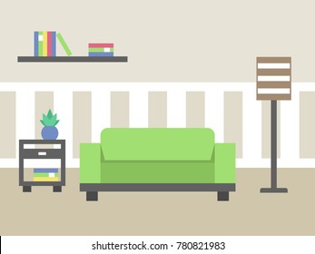 Living room interior with sofa and bookshelf, flat style vector illustration.