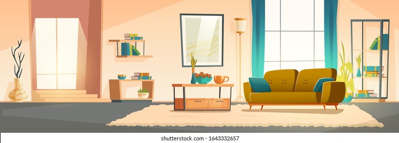 Living room interior with sofa, bookshelves and plants. Vector cartoon illustration of modern lounge with big window, blue curtains, carpet and picture on wall