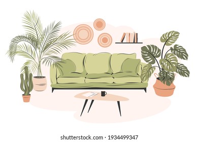 Living room interior with sofa, bookshelves, plants, table   and  decor on the wall . Vector illustration.