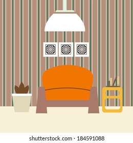 Living room interior  with sofa , coffee table and three pictures frame on the wall. Vector EPS 10. 
