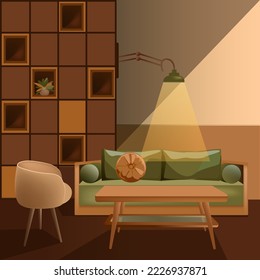 Living room interior. Sofa with coffee table, rack, chair and lamp. A cozy place to read, relax or reflect. Set of vector furniture and flowers. Flat style. 