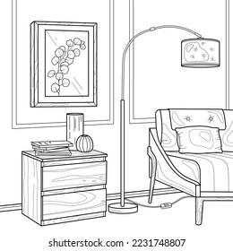 Living room interior. Room with a sofa, a floor lamp, a nightstand and a picture on the wall.Black and white vector illustration.Coloring book.