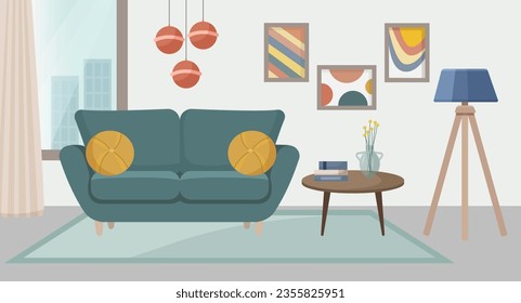 Living room interior with sofa, floor lamp, paintings, city view window, coffee table. Living room. Home furniture. Vector illustration in flat style.