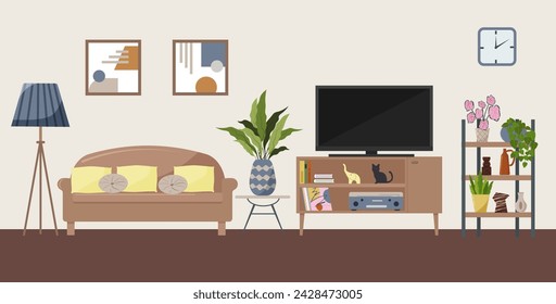 Sala de estar interior. Un sofá con una lámpara de pie, un mueble y un televisor, un estante para accesorios, pinturas y plantas, un tocadiscos y discos. Ilustración plana vectorial.