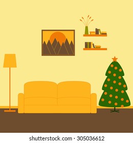 Living room interior with sofa, floor lamp, two bookshelves with books, framed painting with mountains at sunset on the wall and decorated Christmas tree 