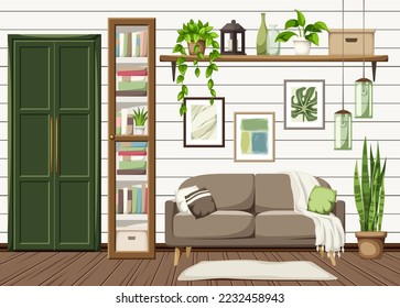 Living room interior with a sofa, a green door, a bookcase, and houseplants. Scandinavian interior design. Cartoon vector illustration