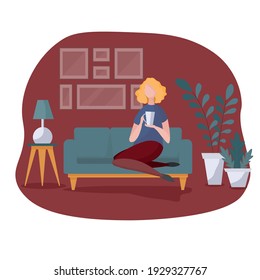 Living room interior with sofa, houseplants and home decorations. Modern apartment decorated Scandinavian style. One girl sitting, working and drinking tea. Flat cartoon vector illustration.