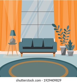 Living room interior with sofa, houseplants and home decorations. Modern apartment decorated scandinavian style. Flat cartoon vector illustration.