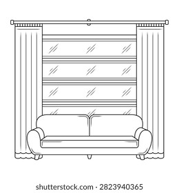 Living Room Interior with Sofa, Large Window and Curtains Outline Vector Illustration, Modern Home Furniture Line Art. 0189.