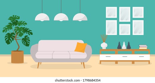 Retro Interior Living Room Bookcasesofa Houseplant Stock Vector ...