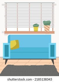 Living room interior with sofa next to window with plants on windowsill. Modern home decor and decoration. Stylish flat illustration with livingroom interior background concept for arrangement design