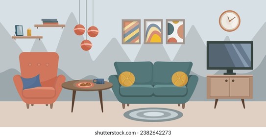 Interior de salón con sofá, cuadros, mesa baja, sillón, TV. Sala de estar. Mobiliario casero. Ilustración vectorial en estilo plano