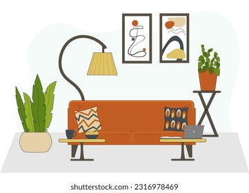 Living room interior. Sofa, pillows, tosher and picture. Flowers in pots. Cozy room in the house. For brochures, flyers, flyers and other design.
