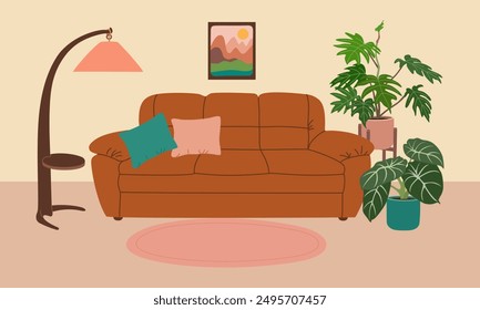 Wohnzimmereinrichtung. Sofa mit Kissen, Zimmerpflanzen, Stehlampe, Teppich, Bild. Handgezeichnete Vektorgrafik einzeln auf hellem Hintergrund. Moderner flacher Cartoon-Stil.