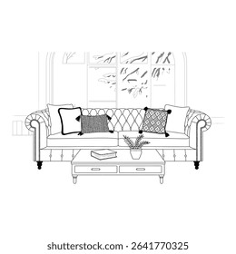 Living room interior with sofa pillows and table in line art style