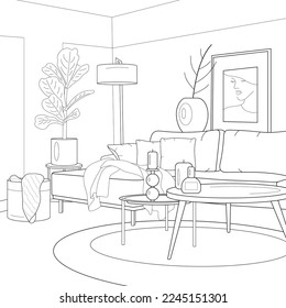 Living room. Interior. Sofa, plaid, pillows, decor. Vector black and white illustration. - Shutterstock ID 2245151301