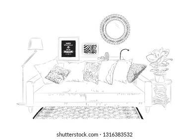 Living room interior with sofa, table, mirror, plant and lamp. Vector sketch ollustration