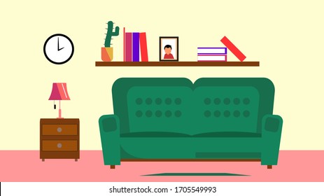 Living room interior with sofa, table, lamp,book,watch. Vector illustration
