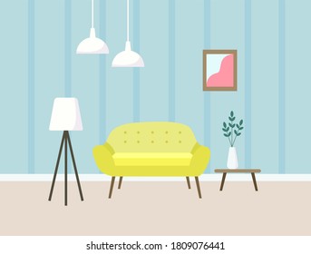 
El interior de la sala de estar con sofá-mesa y lámpara. Ilustración plana vectorial.